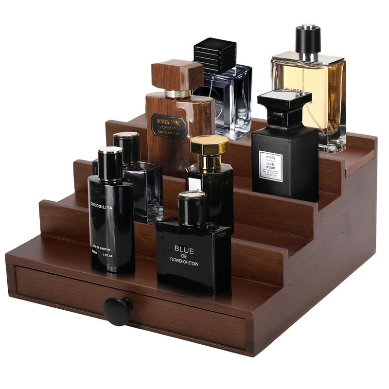 Fengligoo Walnut Cologne Organizer for Men - 4 Tier Wooden Cologne Perfume Display Stand with Drawer and Hidden Compartment  Mens Cologne Holder Shelf for Organizing and Storing - Image 1